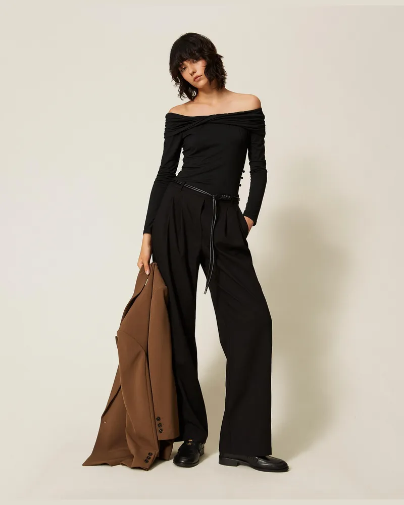 Twin-Set Jumpsuit mit Faltenwurf und Gürtel, Damen, Schwarz Schwarz