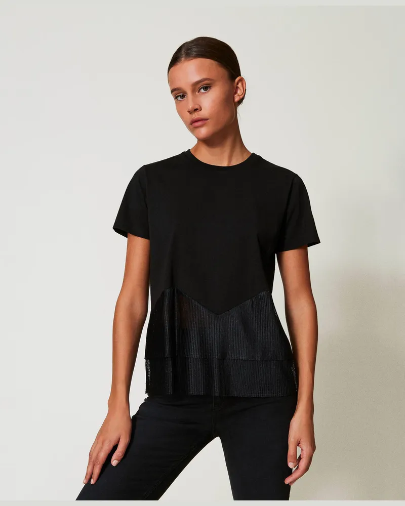 Twin-Set T-Shirts - T-Shirt mit Tüllvolants, Schwarz, Größe: XXS 