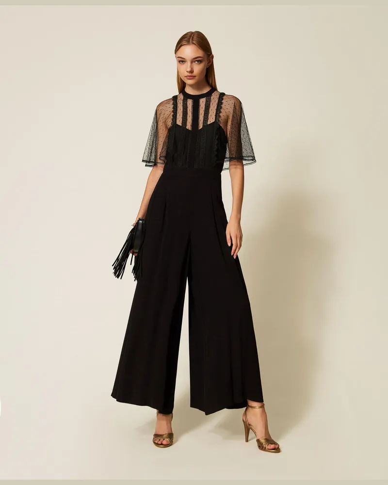 Twin-Set Kleider - Jumpsuit aus Crêpe und Plumetis-Tüll, Schwarz, Größe Schwarz