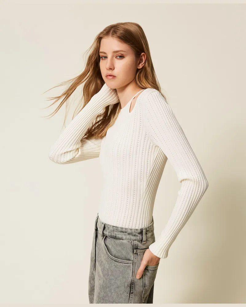 Actitude by Twinset Pullover aus recyceltem Garn mit Cut-outs, Weiß Schnee, Größe Weiß