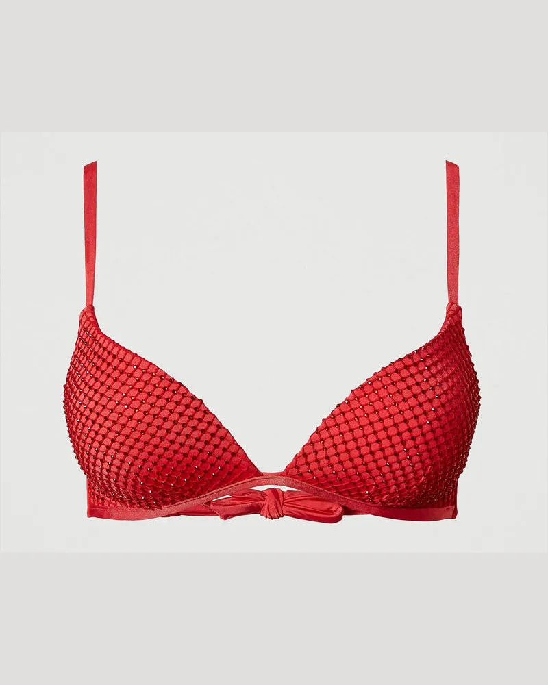 Twin-Set Bademode - Triangel-Bikinitop mit strasssteinbesetztem Mesh, Wassermelonenrot, Größe: 2-B 