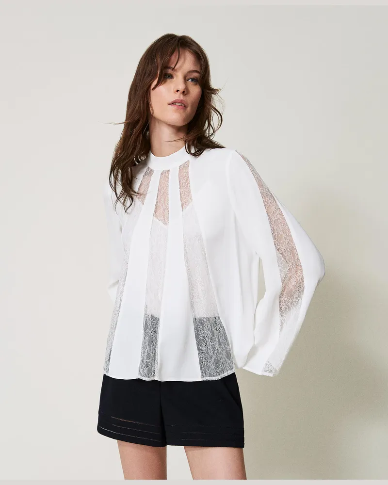 Twin-Set Blusen - Kreppbluse mit Spitze, Weiß Schnee, Größe Weiß