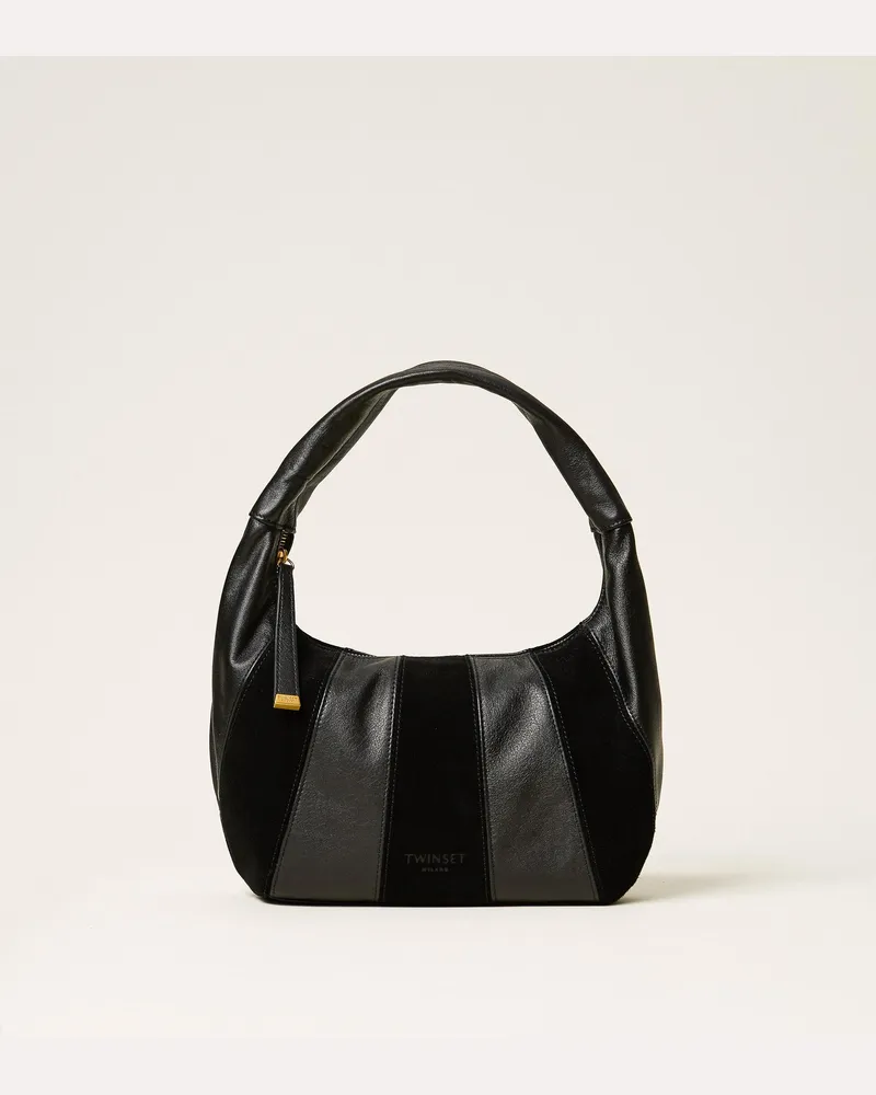 Twin-Set Hobo-Tasche aus Veloursleder und Leder, Damen, Schwarz Schwarz
