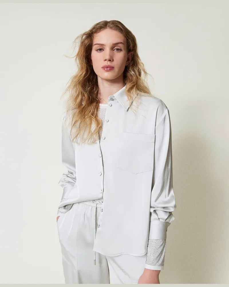 Twin-Set Hemden - Satinhemd mit Schmuckknopf, Silber, Größe Silber