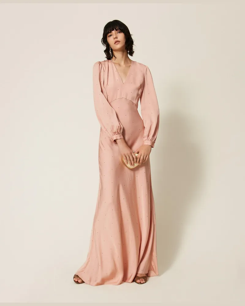 Twin-Set Maxikleid aus Satin mit Strass Blassrosa