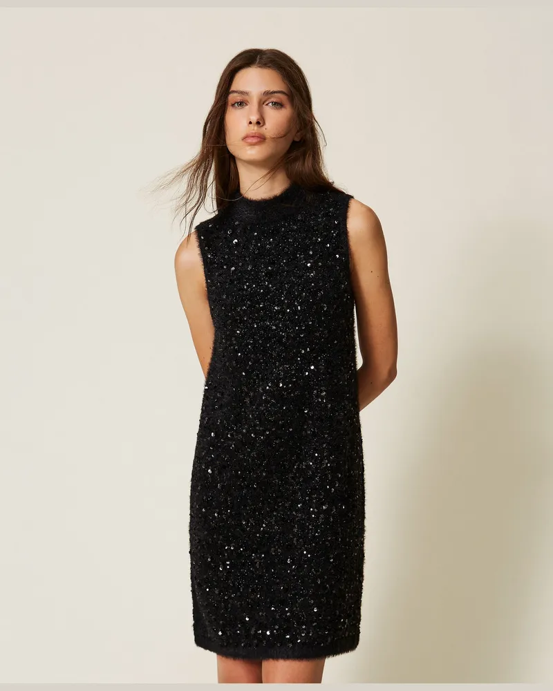 Twin-Set Kurzes Strickkleid mit Stehkragen und Stickerei Schwarz