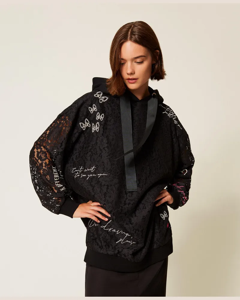 Actitude by Twinset Sweatshirts und -jacken - Maxi-Sweatshirt MYFO aus Spitze mit Stickereien, Schwarz, Größe: XS 