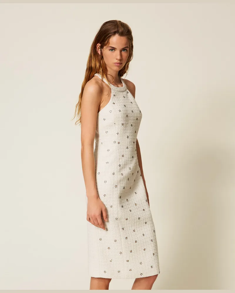 Actitude by Twinset Kleider - Midikleid aus Bouclé mit Stickereien, Weiß Schnee, Größe Weiß