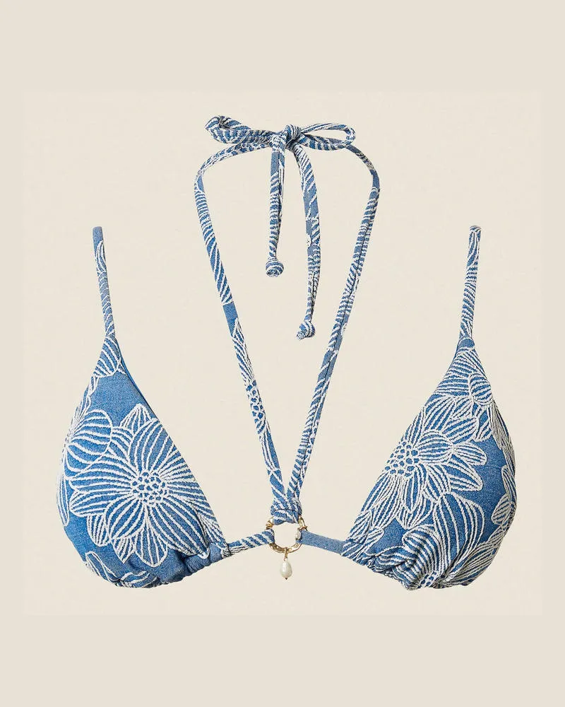 Twin-Set Bademode - Triangel-Bikinitop aus Jacquard mit Perle, Jacquard Mittelmeerblau/Off White, Mit Blumen, Größe Jacquard