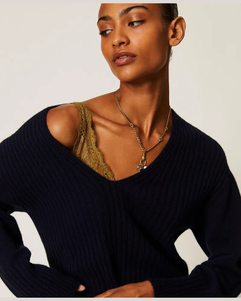 Twin-Set Pullover aus Kaschmir im Rippenmuster, Damen, Klassisches Blau Klassisches