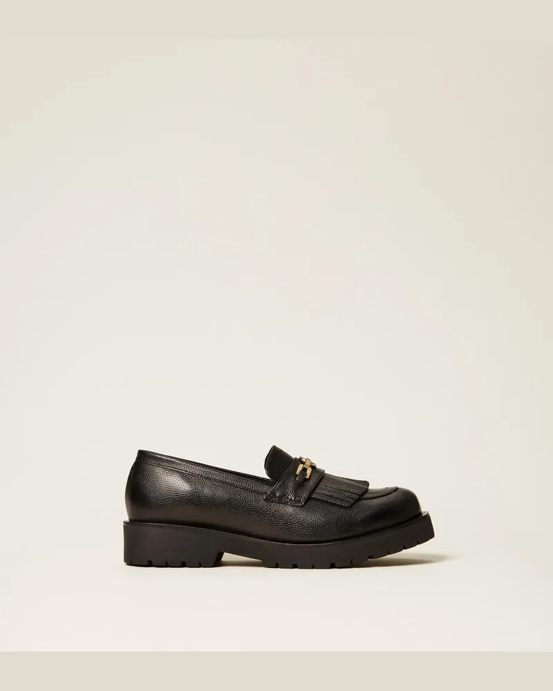 Twin-Set Schuhe - Mokassin mit Fransen und Oval T, Schwarz, Größe Schwarz