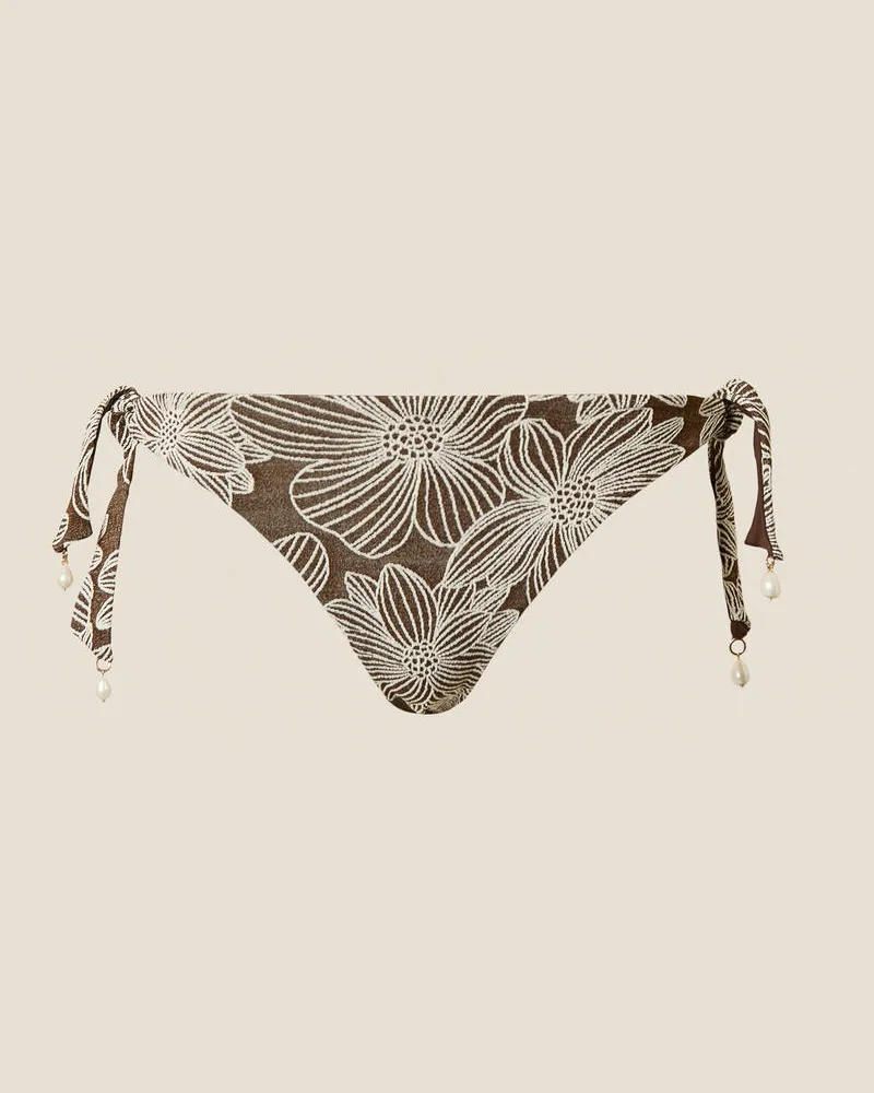 Twin-Set Bademode - Bikinitanga aus Jacquard mit Perlen, Jacquard Coffe Chocolate/Off White, Mit Blumen, Größe Jacquard