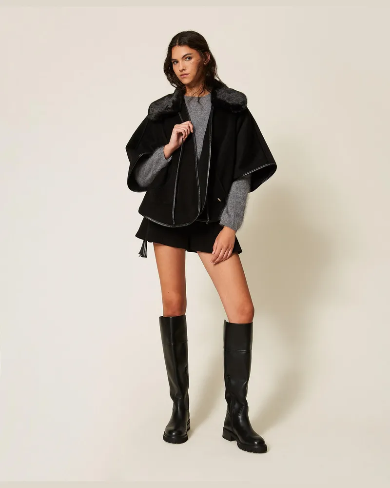 Twin-Set Poncho aus Tuch mit Kunstpelzkragen Schwarz