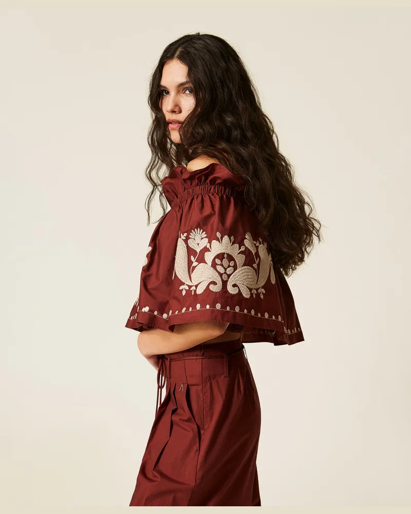 Actitude by Twinset Tops - Schulterfreies Top aus Popeline mit Stickerei, Braun Lehm, Baumwolle, Größe Braun
