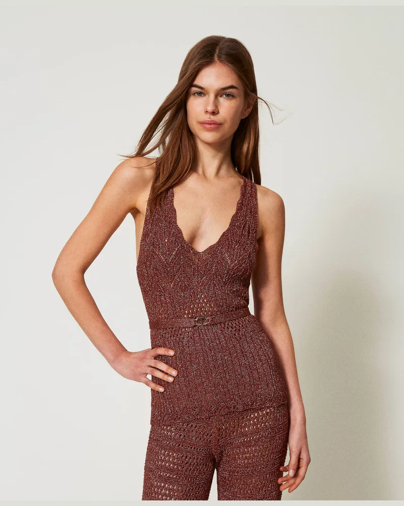 Twin-Set Tops - Lurex-Stricktop mit Gürtel, Amber Brown Lurex, Größe: XXL 