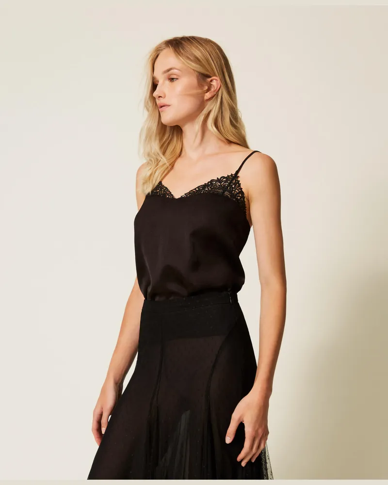 Twin-Set Tops - Top aus Satin mit Spitze, Schwarz, Größe Schwarz