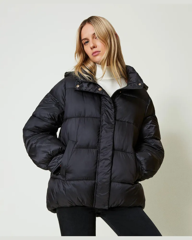 Twin-Set Jacken und Outerwear - Steppjacke aus Nylonjacquard mit Streifen, Schwarz, Größe Schwarz