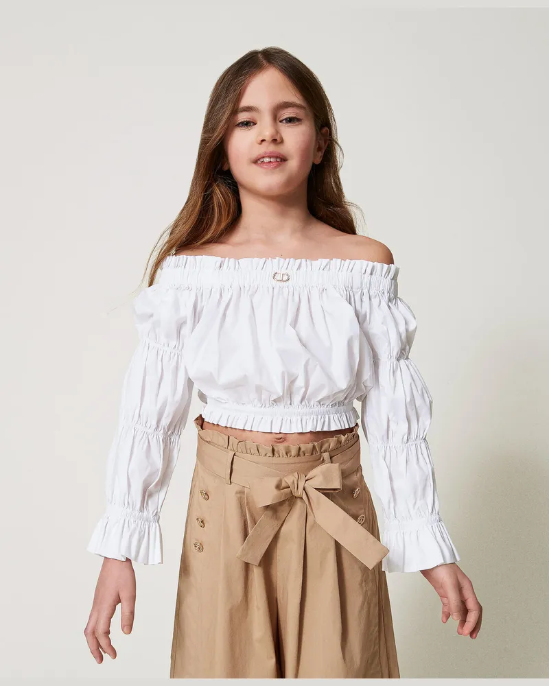 Twin-Set Tops - Crop-Top aus Popeline mit Raffung, "Ice"-Weiß, Baumwolle, Größe: 8A 