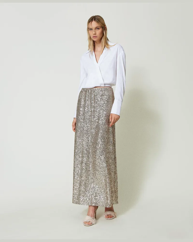Twin-Set Röcke - Maxi-Paillettenrock, Platin, Paillettes, Größe: 50 