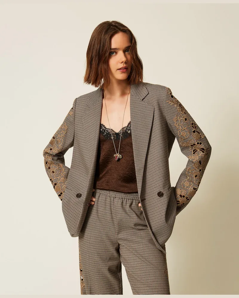 Twin-Set Blazer mit Hahnentrittmuster und Stickdetail Hahnentrittmuster