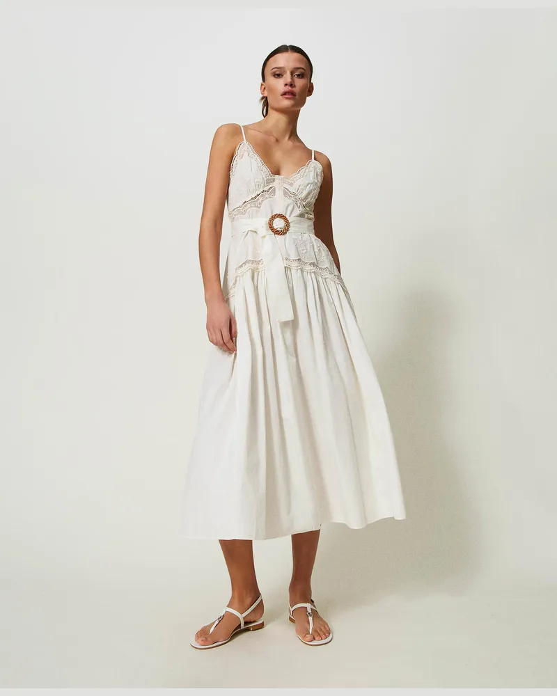 Twin-Set Kleider - Maxikleid mit Blumenstickereien, Weiß, Baumwolle, Größe Weiß