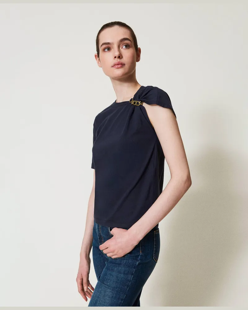 Twin-Set T-Shirts - T-Shirt mit „Oval T"-Kette, Blue Night, Baumwolle, Größe: XXL 