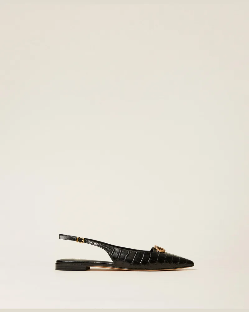 Twin-Set Schuhe - Slingback-Ballerina mit Krokoprägung, Schwarz, Leder, Größe Schwarz
