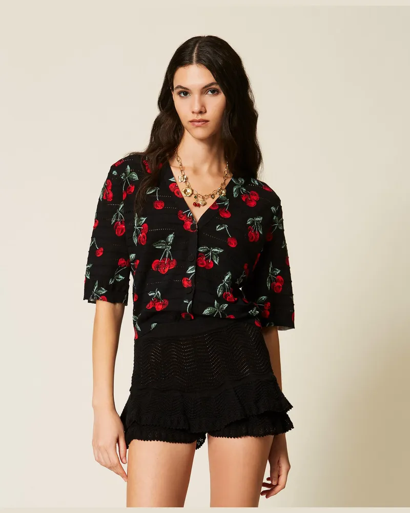 Twin-Set Cardigans - Cardigan mit Kirschen-Print, Cherries Allover Black/Red, Baumwolle, Größe Cherries