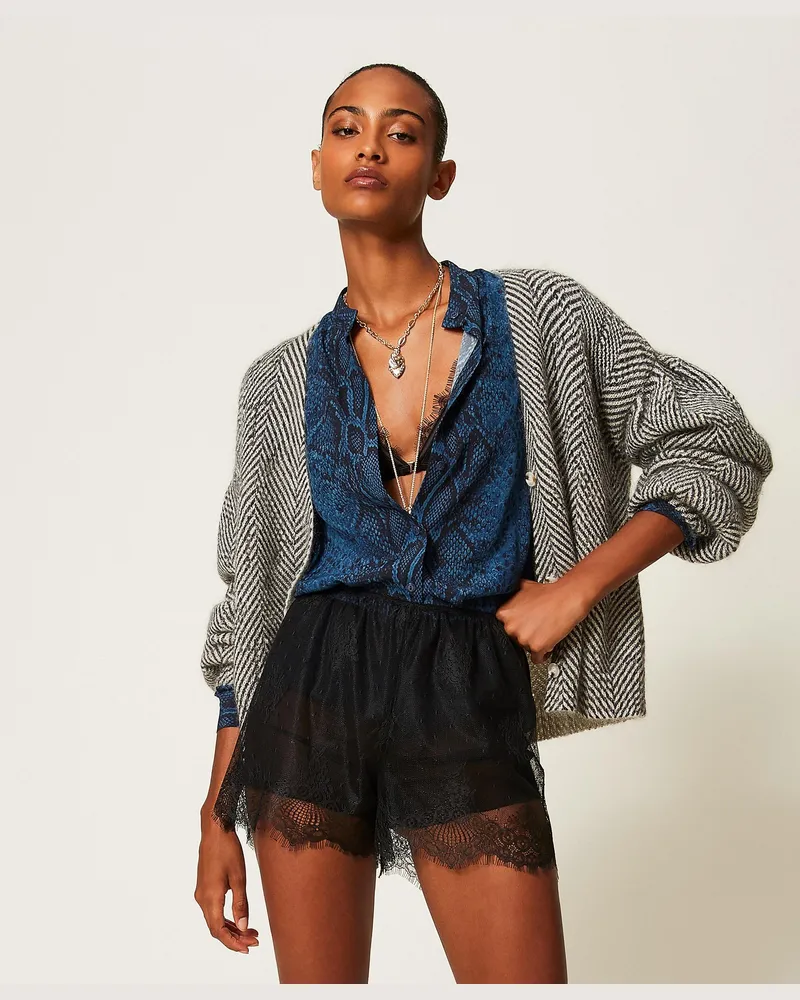 Twin-Set Cardigan-Pullover aus Mohairmischung mit Print, Damen, Zweifarbig Geometric Black / Elfenbein Lurex Zweifarbig