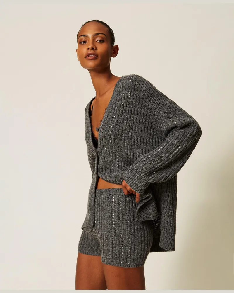 Twin-Set Strickshorts aus Wollmischung mit Strass, Damen, Mittelgrau-Melange Mittelgrau-melange