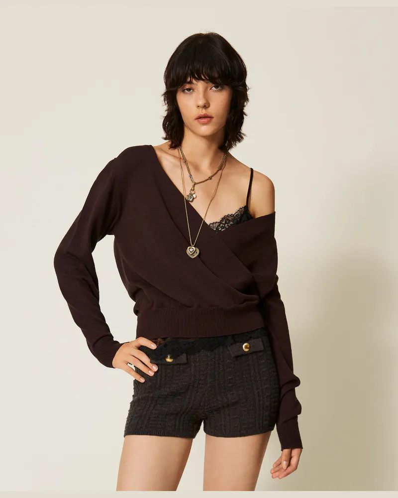 Twin-Set Pullover aus Viskosemischung mit Wickeldetail Kaffeeschokolade