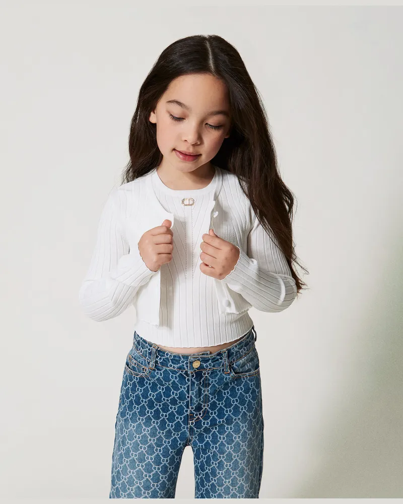 Twin-Set Cardigans - Gerippter Cropped-Cardigan mit Oval T, "Ice"-Weiß, Größe: 8A 