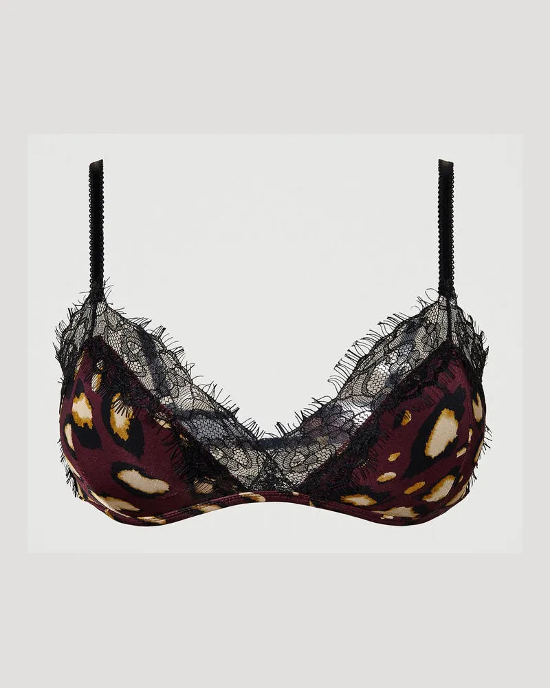 Twin-Set Unterwäsche - Triangel-BH aus Satin mit Animaldessin, Zweifarbig Print Leo „Ruby Wine"-Violett / Schwarz, Größe: 1-B 