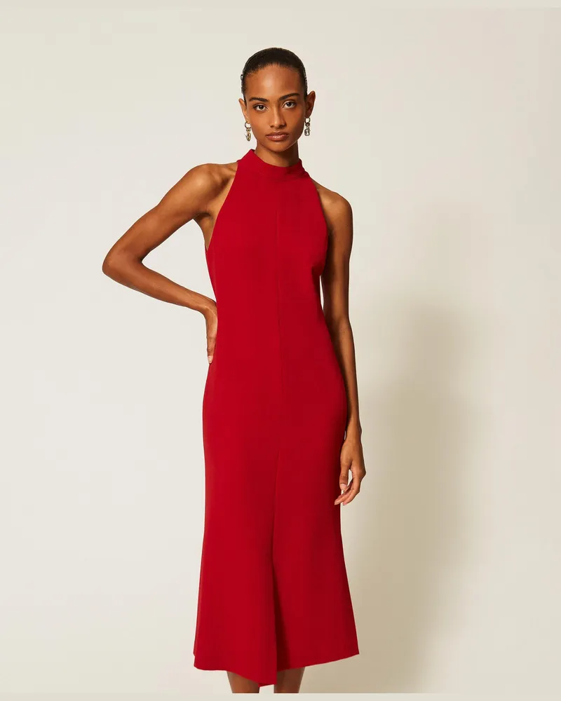 Twin-Set Langes Neckholder-Kleid aus Crêpe, Damen, Bloody Mary Bloody