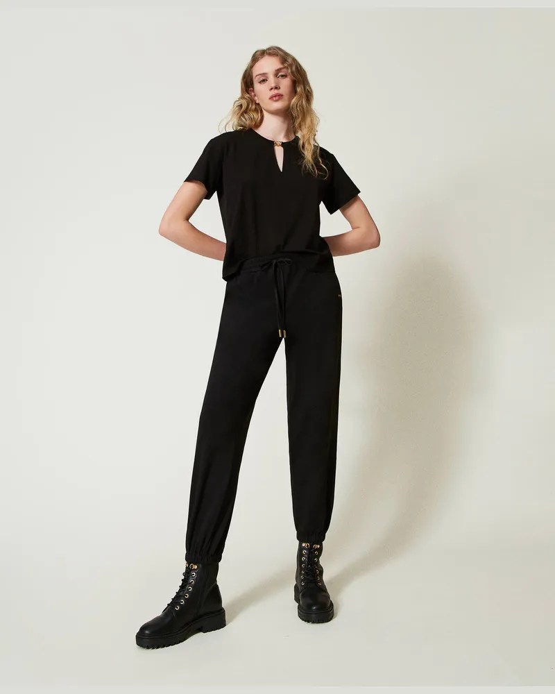 Twin-Set Hosen - Sweatjoggers mit Satin, Schwarz, Baumwolle, Größe Schwarz