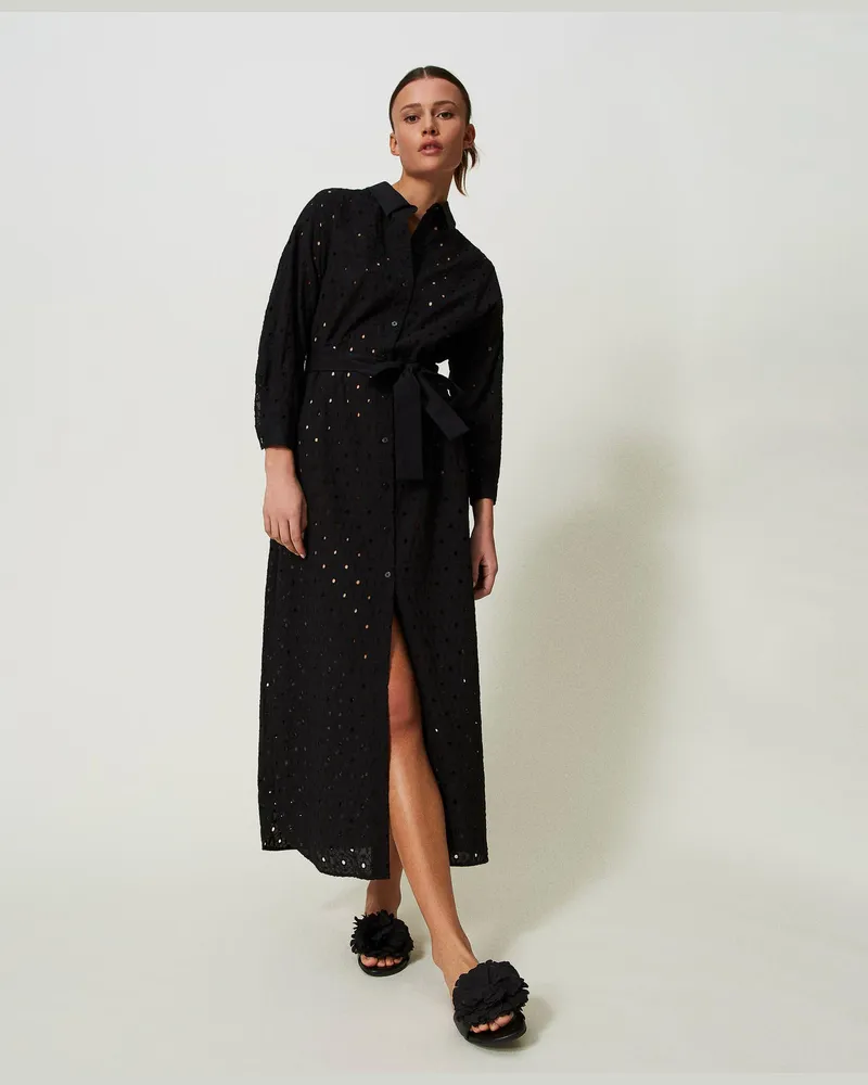 Actitude by Twinset Kleider - Langes Hemdblusenkleid mit Lochstickereien, Schwarz, Baumwolle, Größe Schwarz