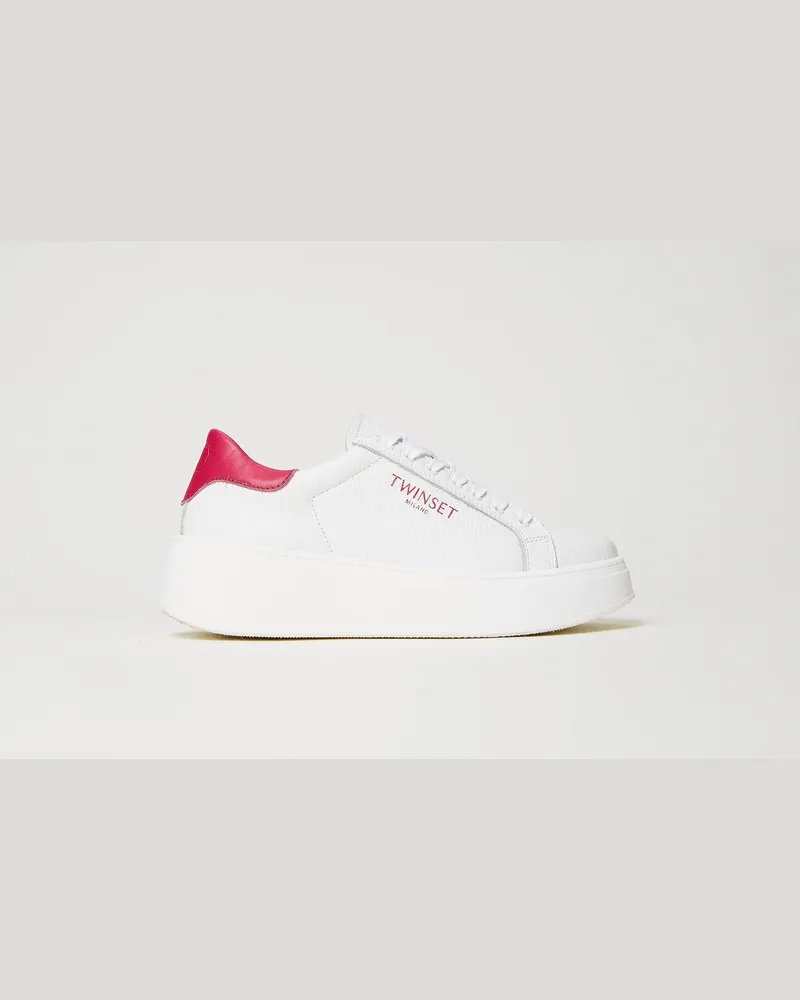 Twin-Set Schuhe - Plateausneaker aus Leder, Zweifarbig Optisches Weiß / „Bright Rose"-Rosa, Größe Zweifarbig