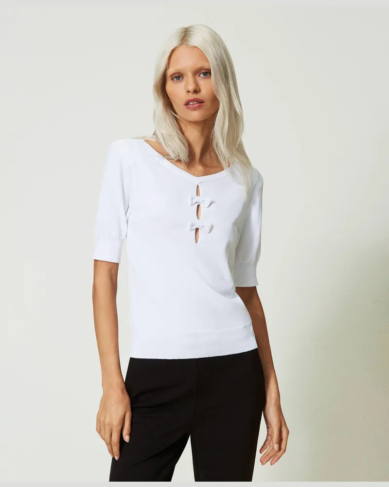 Actitude by Twinset Pullover mit Schleifen, "Papers"-Weiß, Größe: L 
