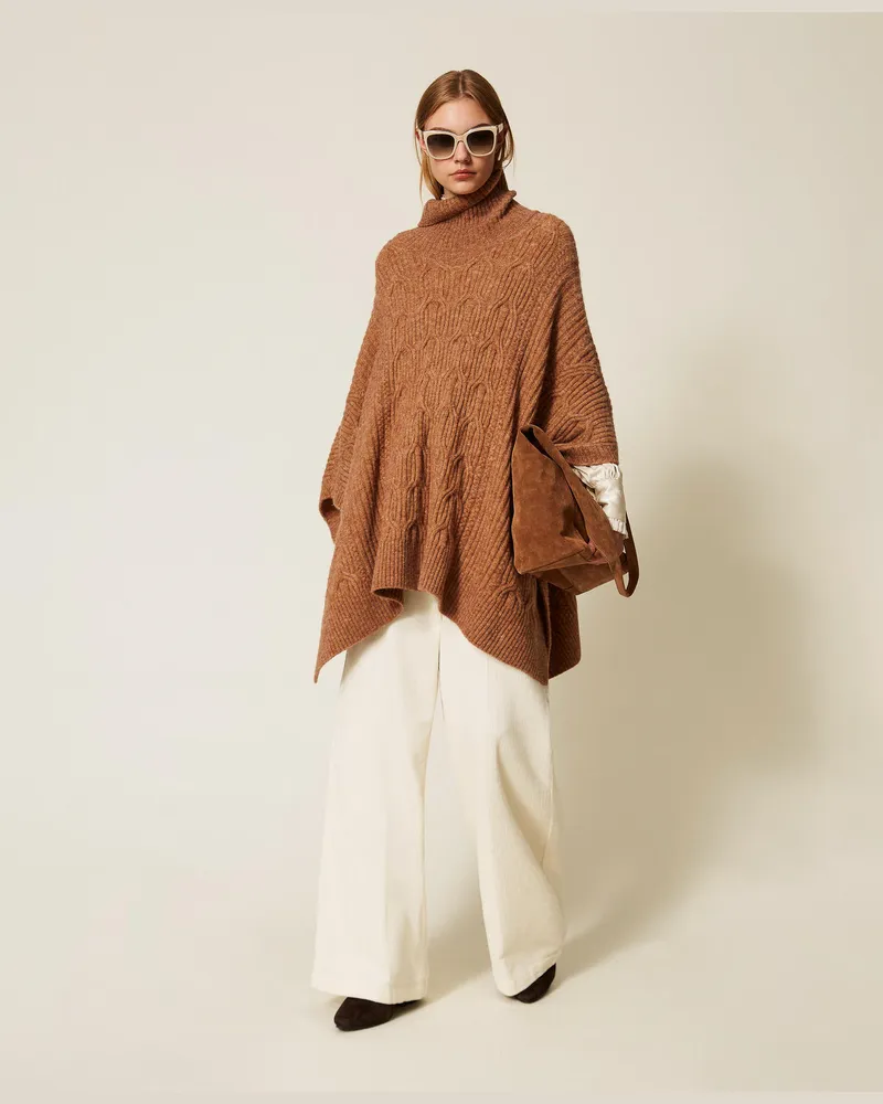 Twin-Set Jacken und Outerwear - Strick-Cape mit Zopfrippenmuster, Camel Melange, Einheitsgröße Camel