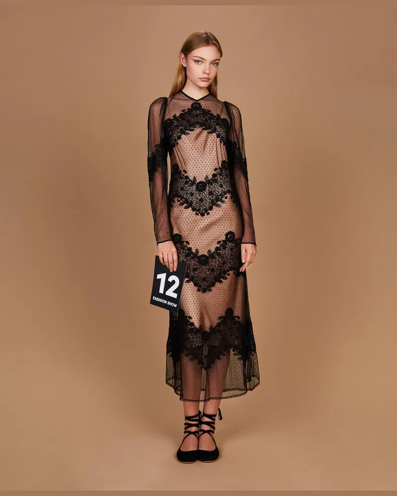 Twin-Set Langes Kleid aus Tüll und Spitze, Damen, Schwarz Schwarz