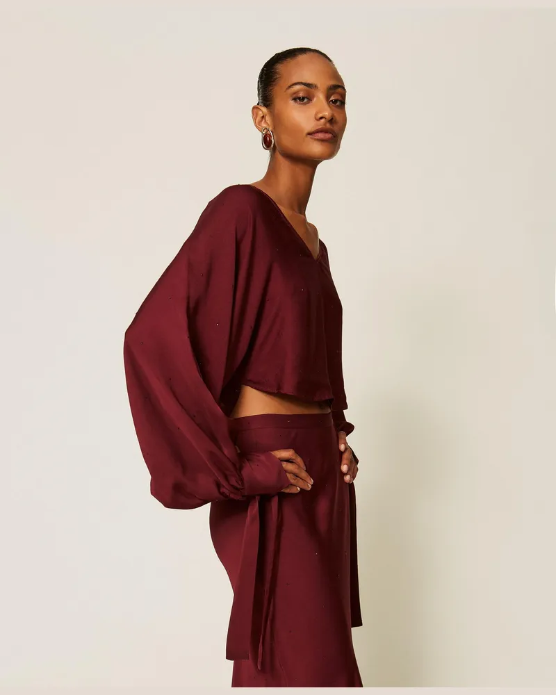 Twin-Set Bolerotop aus Satin mit Strass, Damen, Bordeaux Bordeaux