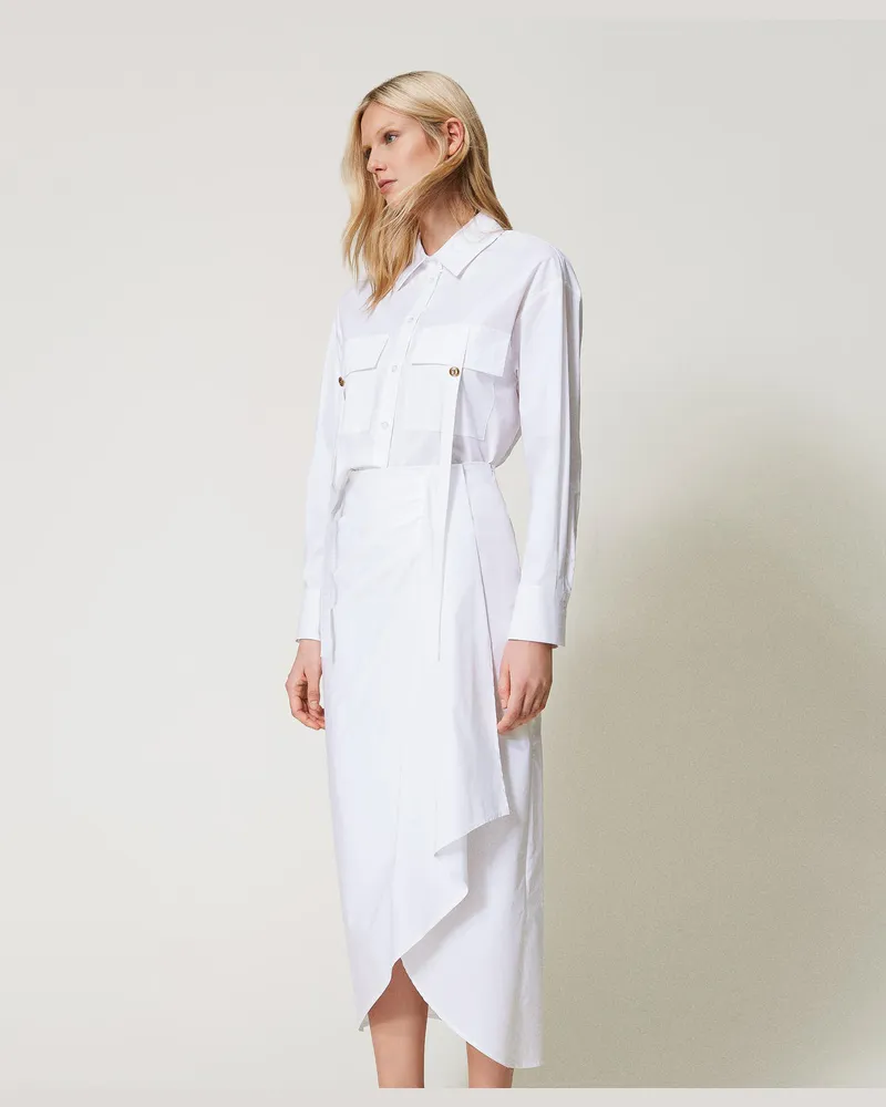 Twin-Set Röcke - Maxirock aus Popeline mit Faltenwurf, Weiß, Baumwolle, Größe: 48 