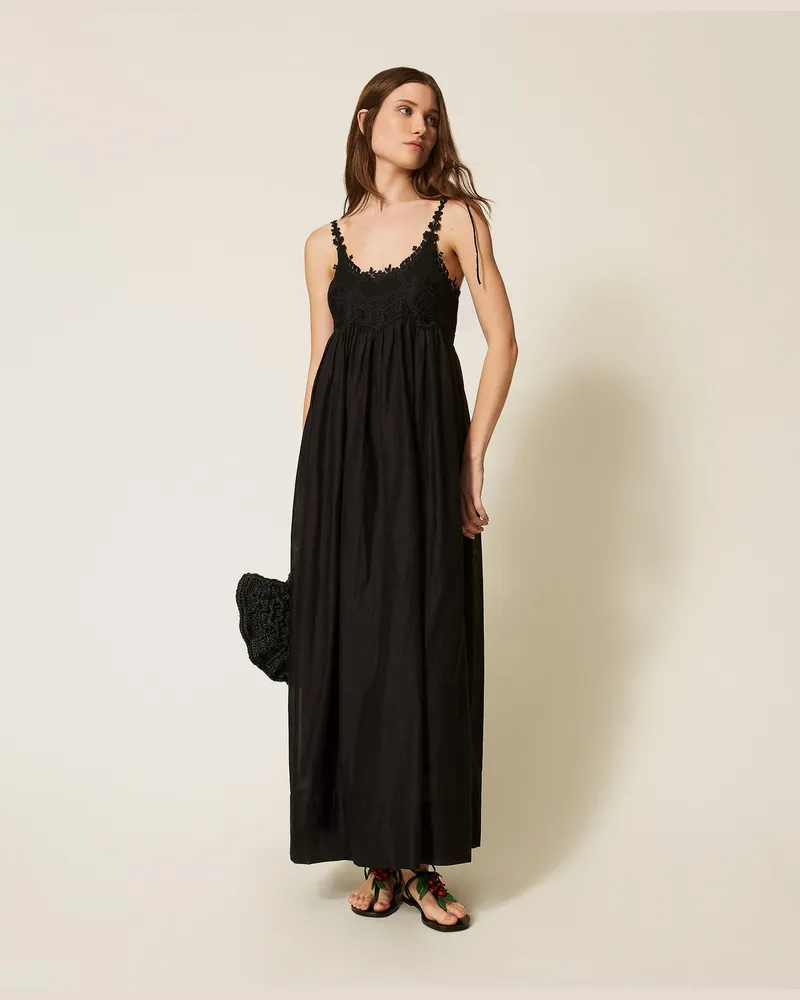 Twin-Set Kleider - Langes Kleid aus Musselin mit Spitze, Schwarz, Größe Schwarz