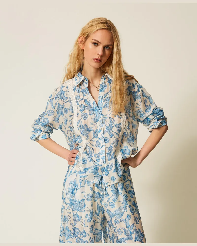 Twin-Set Hemden - Hemdbluse mit Blumen und Spitze, Print Toile De Jouy Off White/Blu Med, Größe Print