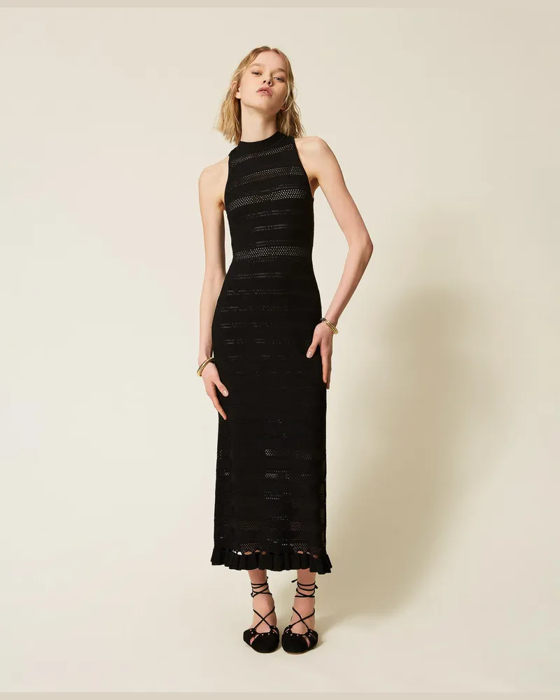 Twin-Set Langes Strick-Stehkragenkleid mit Volant Schwarz