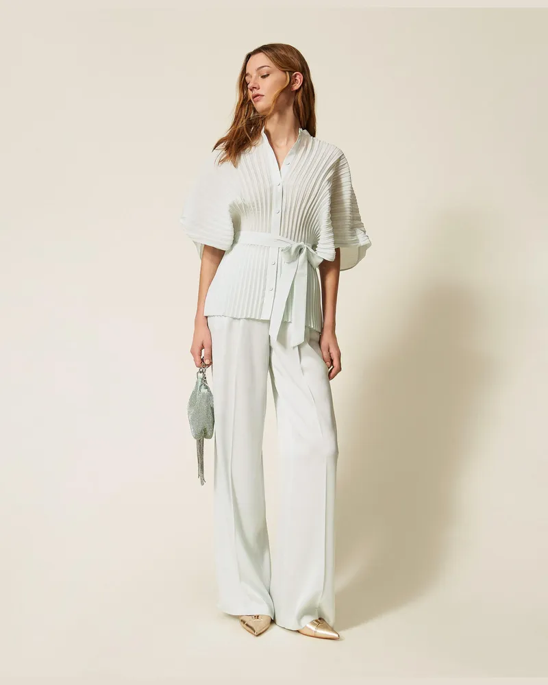 Twin-Set Hemden - Hemdbluse aus recyceltem Crêpe de Chine, "Aqua"-Hellblau, Plissee, Größe Aqua-hellblau