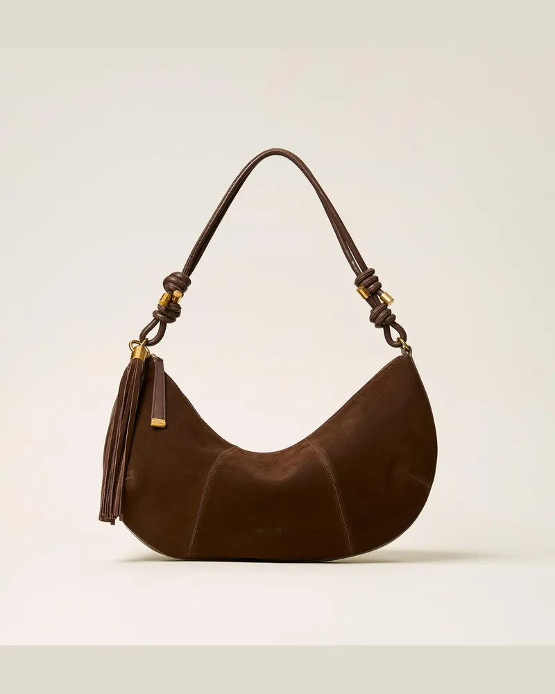 Twin-Set Hobo-Tasche aus Veloursleder mit Quaste Dark