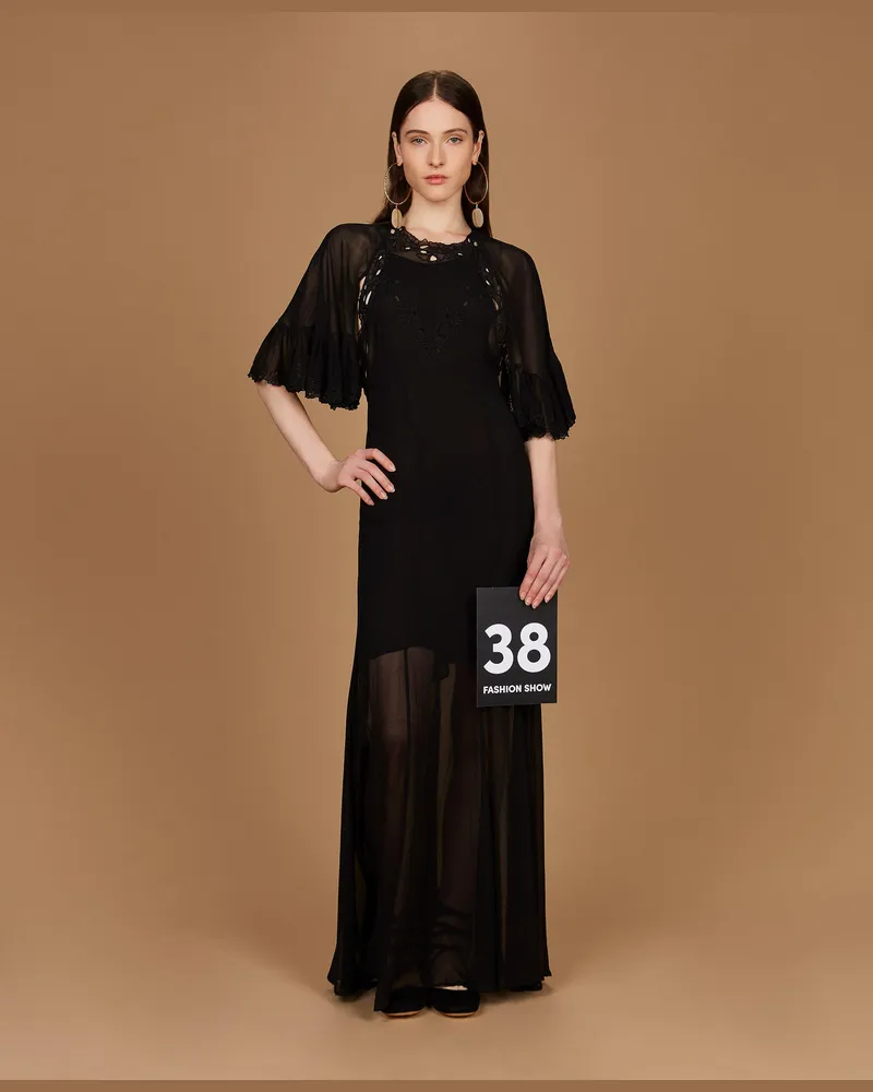 Twin-Set Langes Kleid aus Georgette mit Stickerei, Damen, Schwarz Schwarz