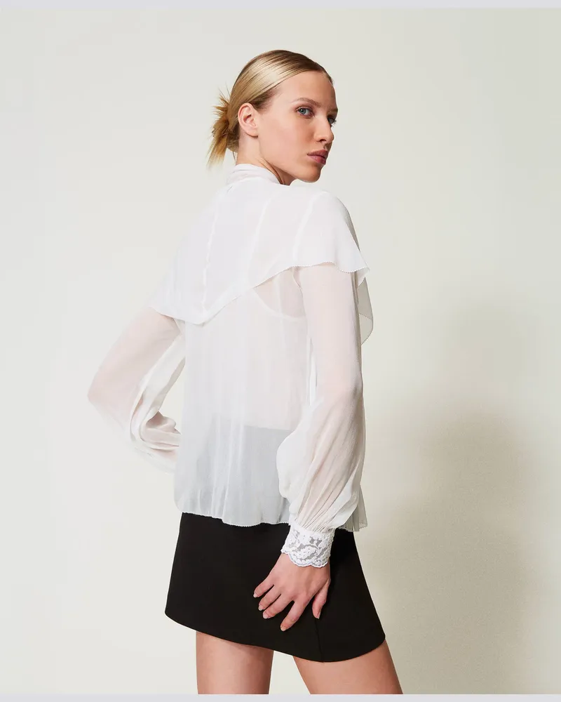 Twin-Set Blusen - Bluse aus Georgette mit Volants und Spitze, Weiß Schnee, Größe Weiß