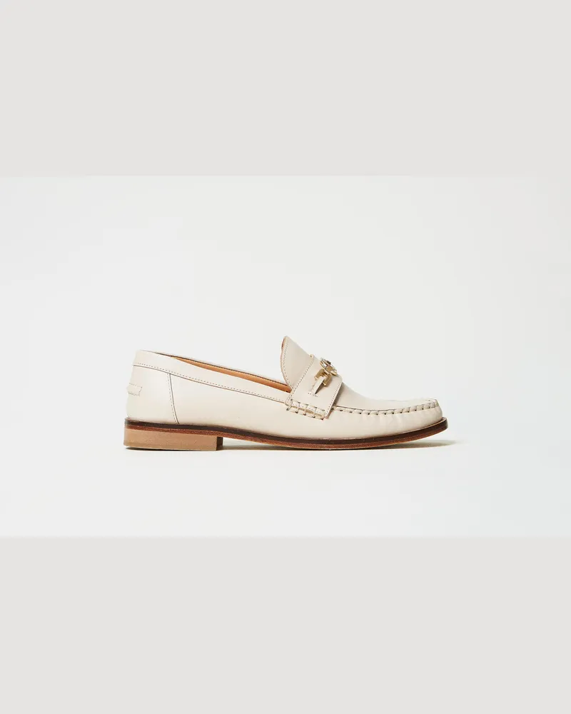 Twin-Set Schuhe - Ledermokassin mit Oval T, Weiß Schnee, Größe Weiß